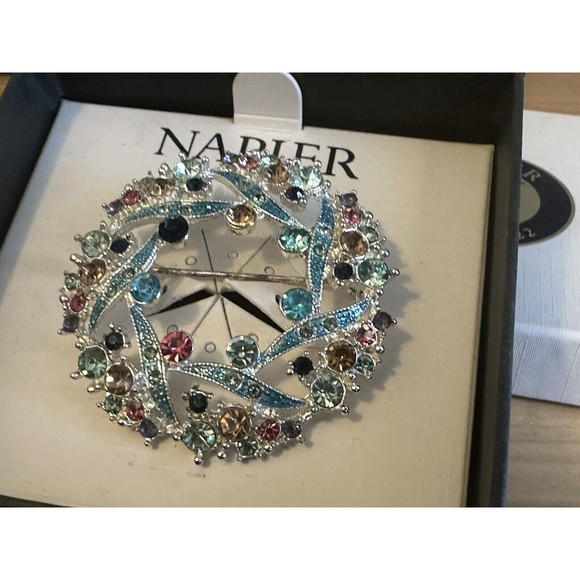 NAPIER Vtg Wreath Brooch Pin Enamel Rhinestones Multicolor Gorgeous IOB Signed - Picture 3 of 7